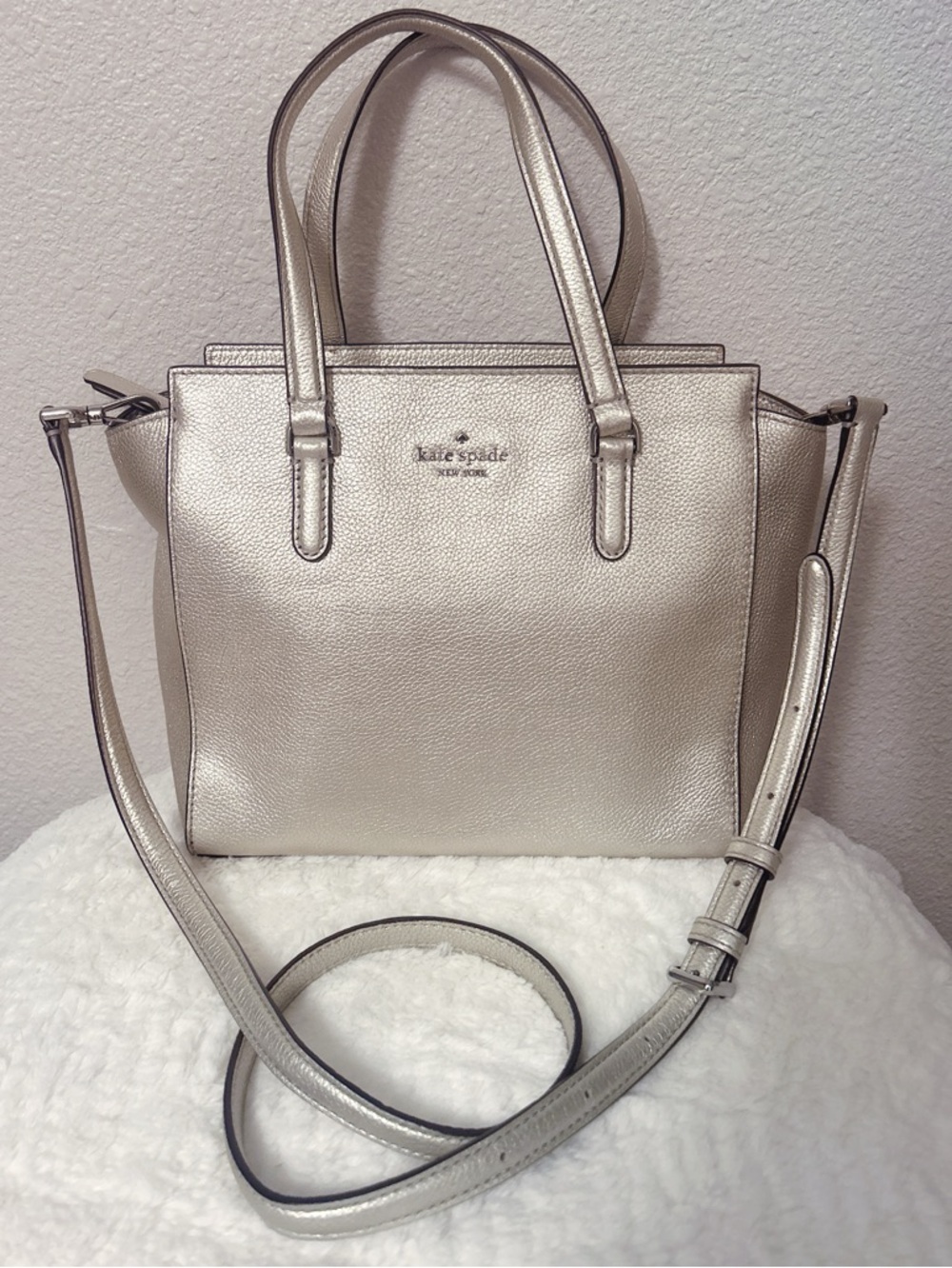 Kate Spade Metallic Gray Pebble Leather Satchel with Crossbody Strap